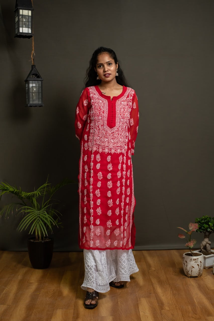 Handmade Red Chikankari Kurta Sharara Set Georgette Straight Style Indian  Ethnic Wear - Etsy Norway