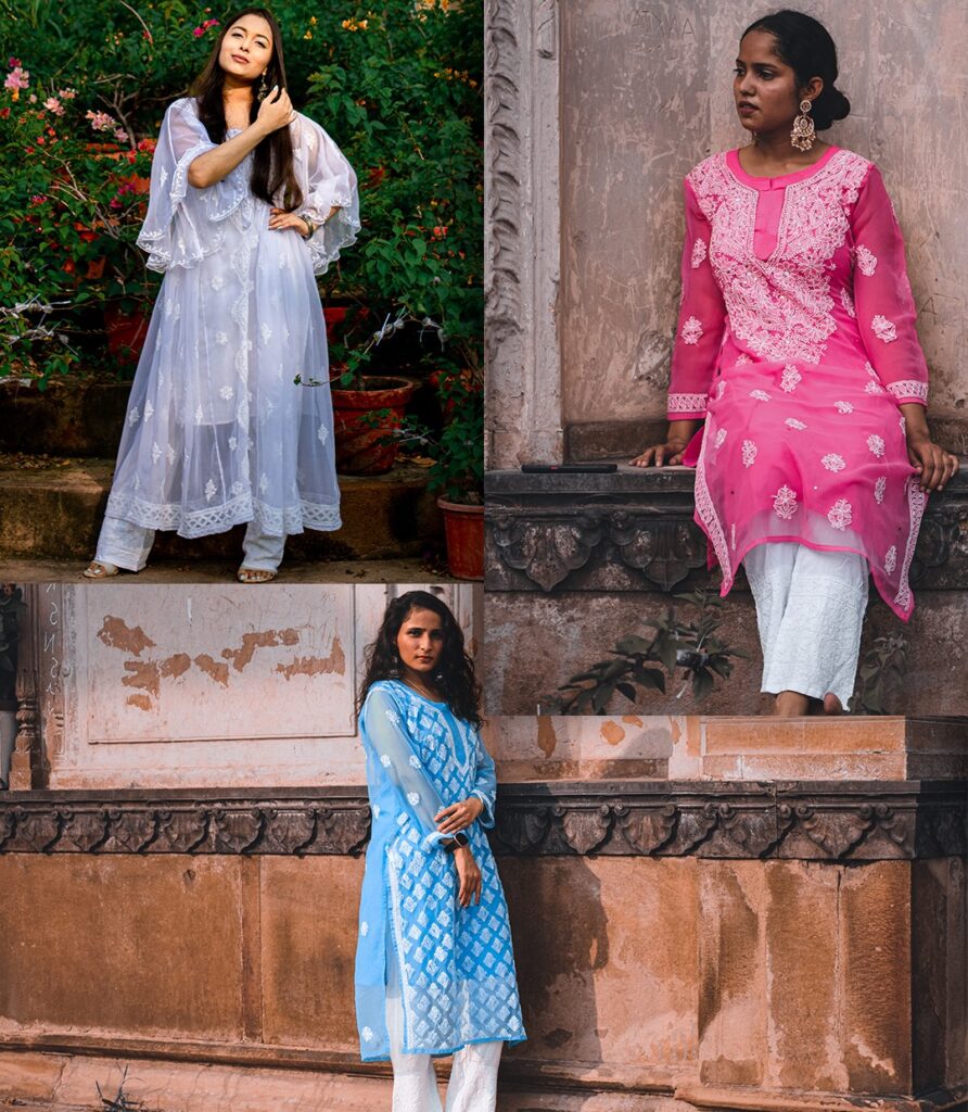 sahiba handicraft models wearing different types of lakhnavi chikankari kurtis